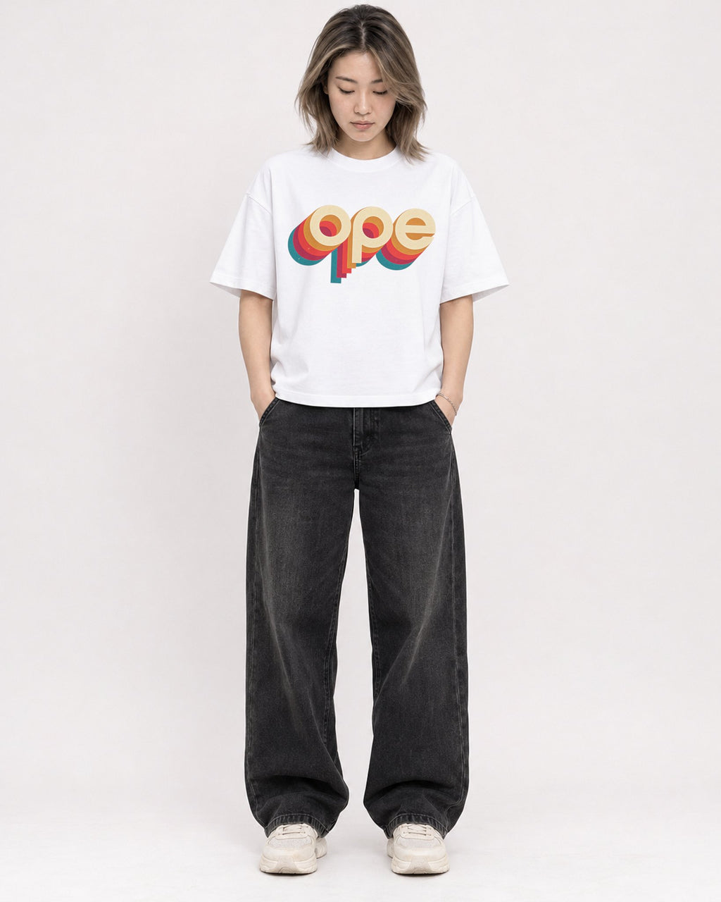 Mockup Boxy Heavyweight Tee White female full-body 33