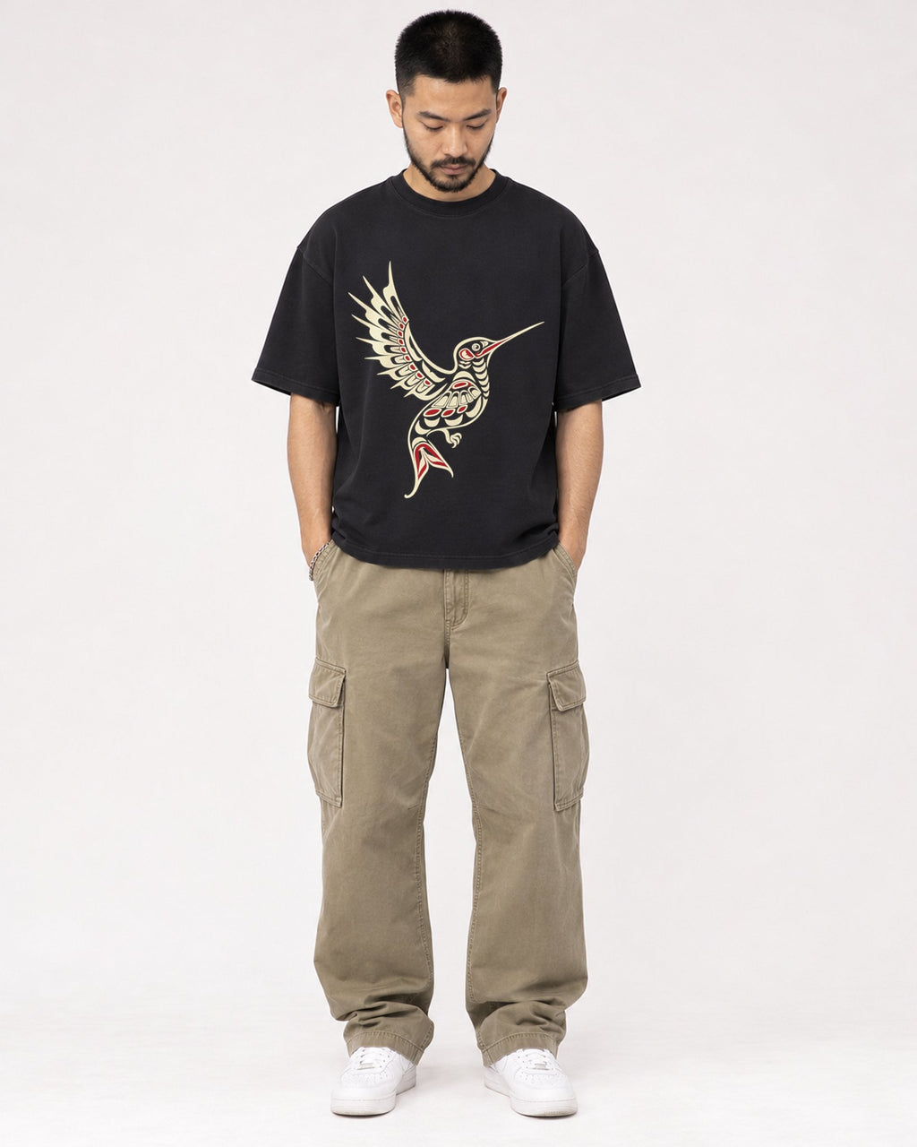Mockup Boxy Heavyweight Tee Black male full-body 32