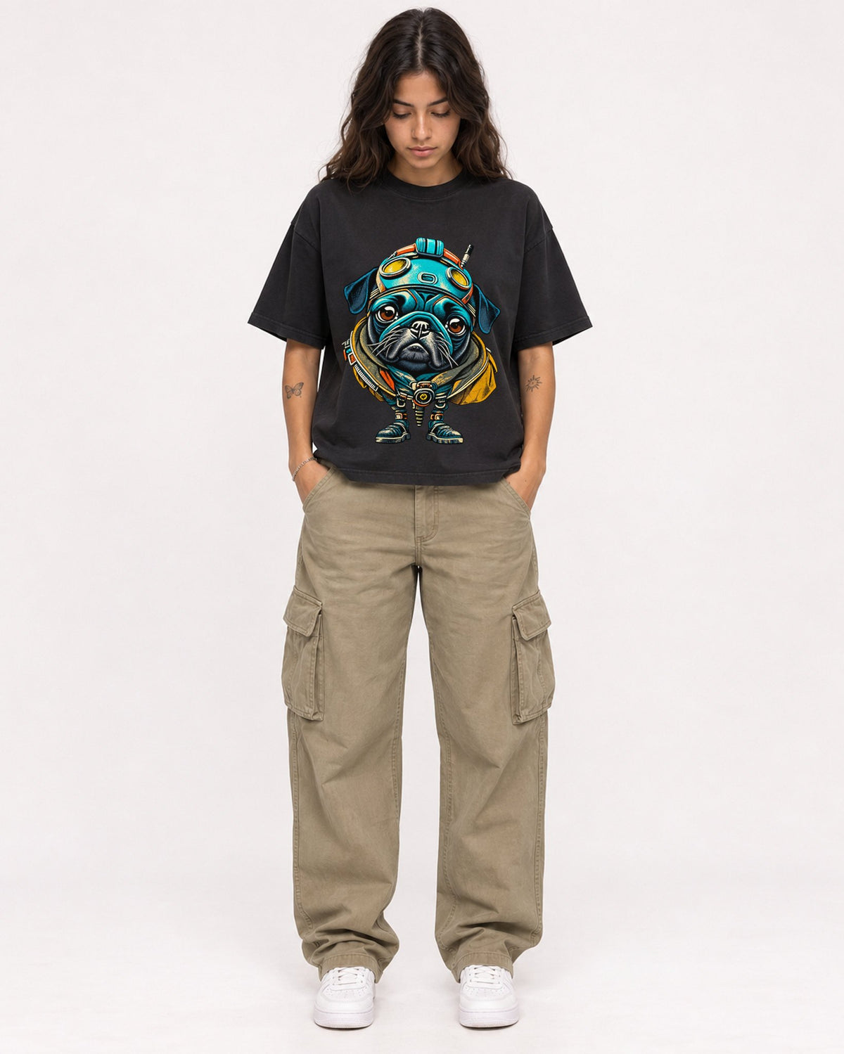 Mockup Boxy Heavyweight Tee Black female full-body 06