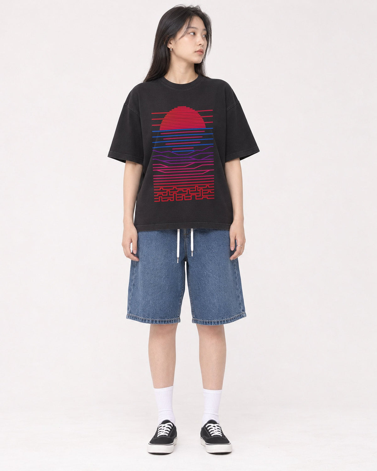 Mockup Boxy Heavyweight Tee Black female full-body 01