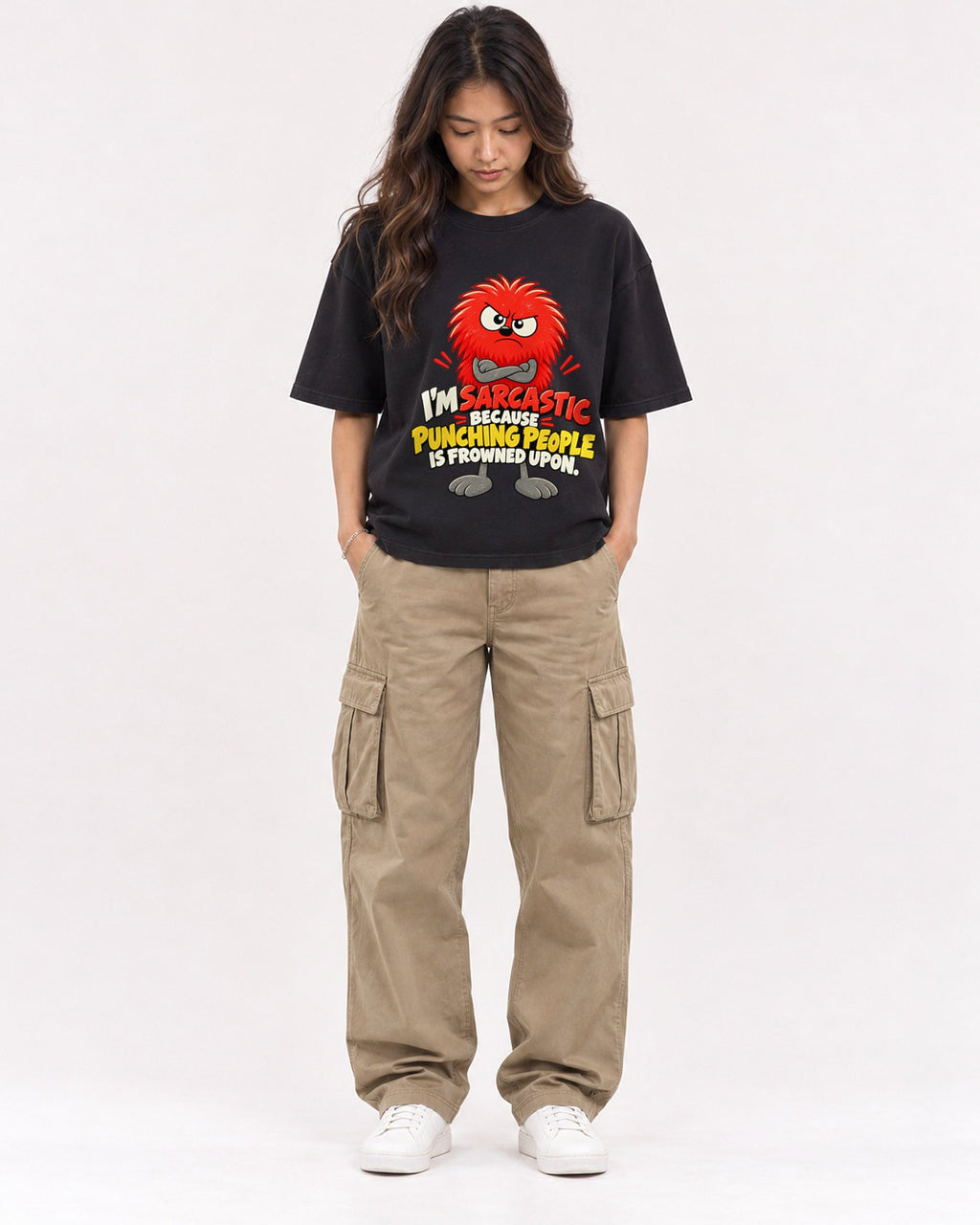 Mockup Boxy Heavyweight Tee Black female full-body 02