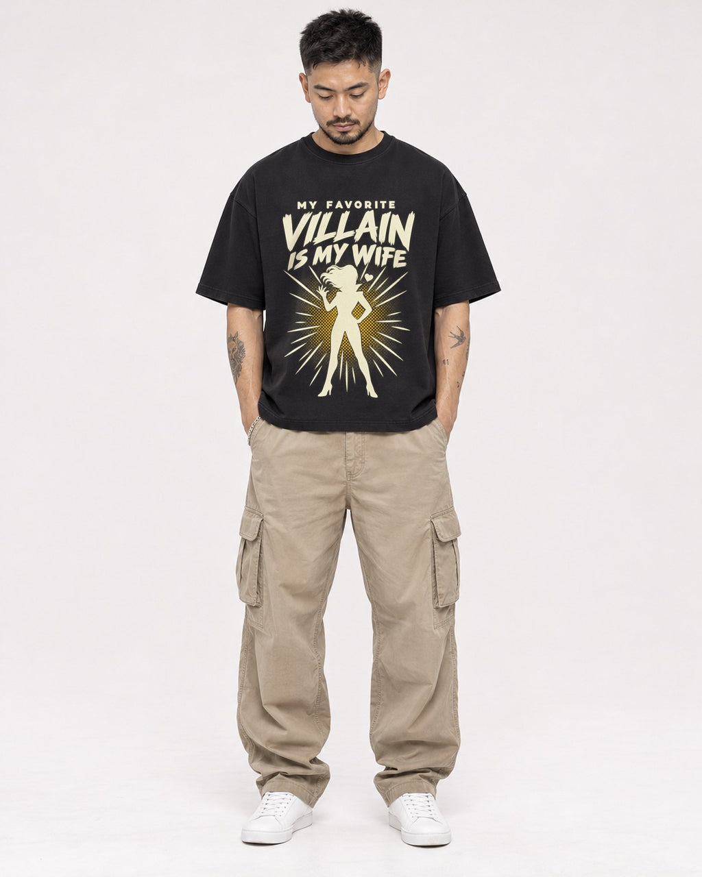 Mockup Boxy Heavyweight Tee Black male full-body 12