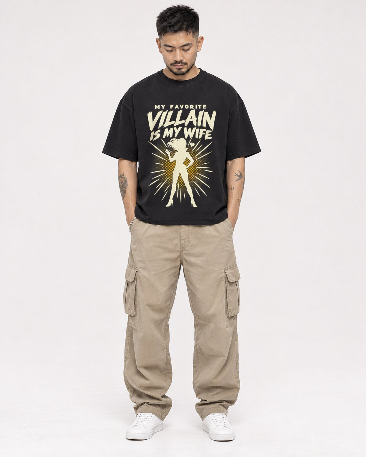 Mockup Boxy Heavyweight Tee Black male full-body 12