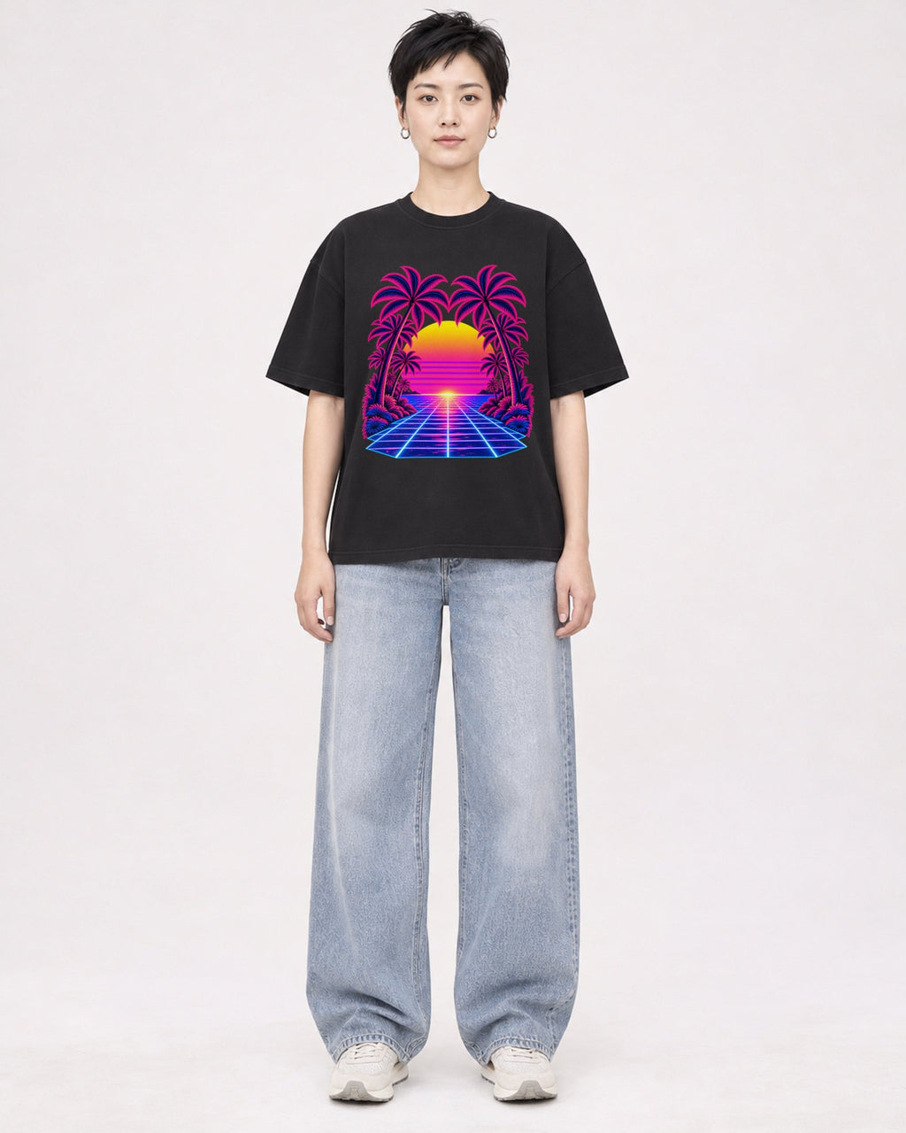 Mockup Boxy Heavyweight Tee Black female full-body 23