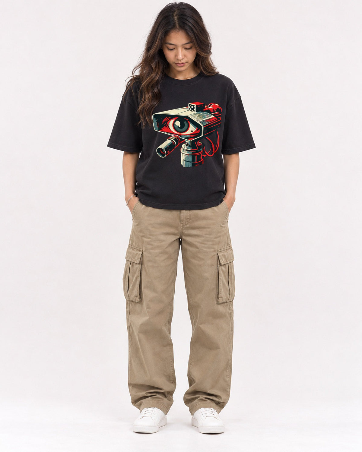 Mockup Boxy Heavyweight Tee Black female full-body 02