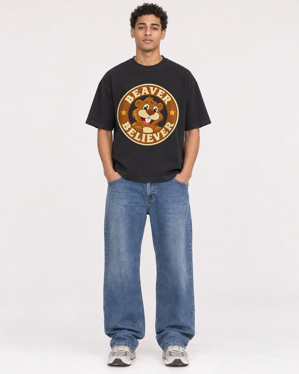 Mockup Boxy Heavyweight Tee Black male full-body 10