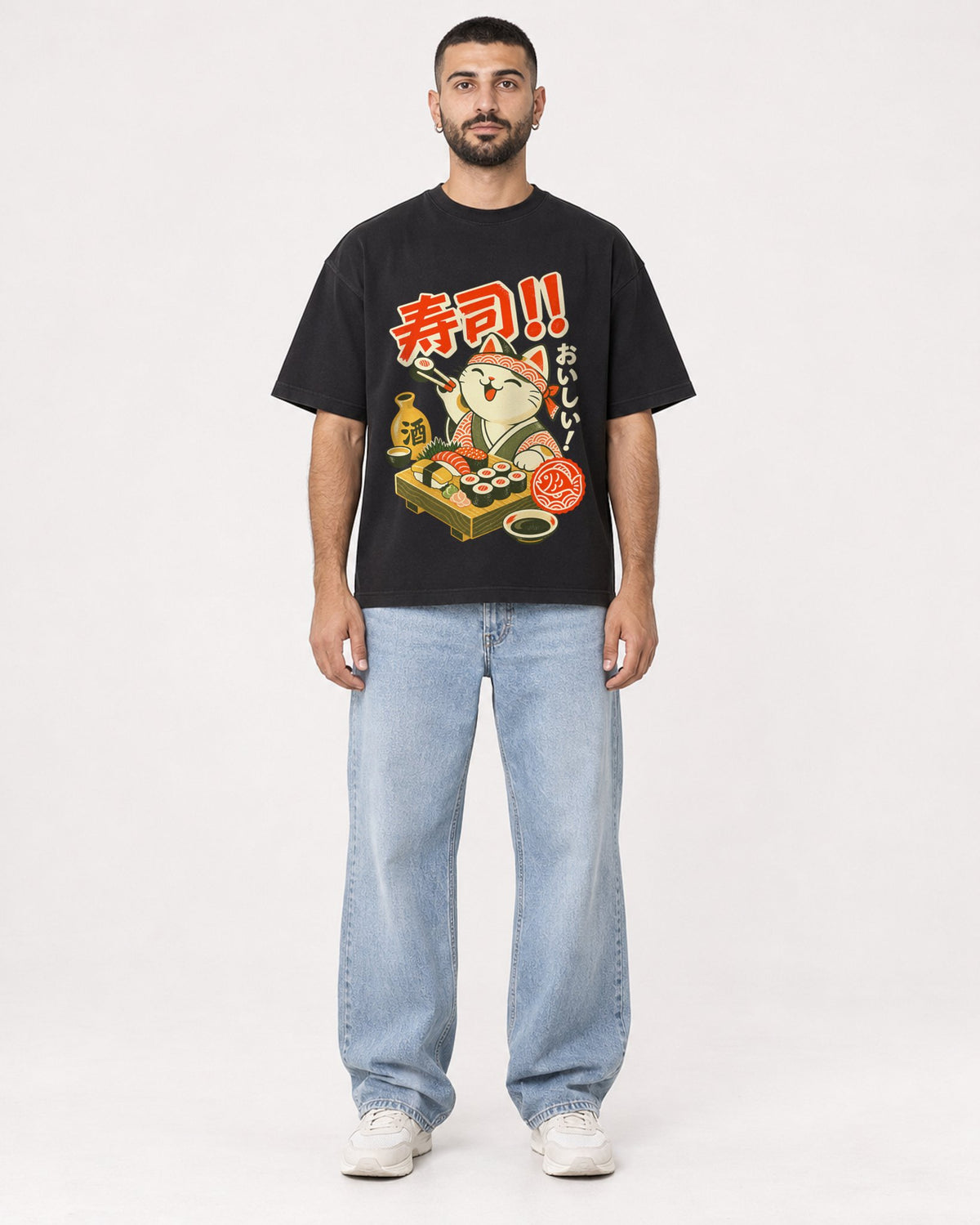 Mockup Boxy Heavyweight Tee Black male full-body 37