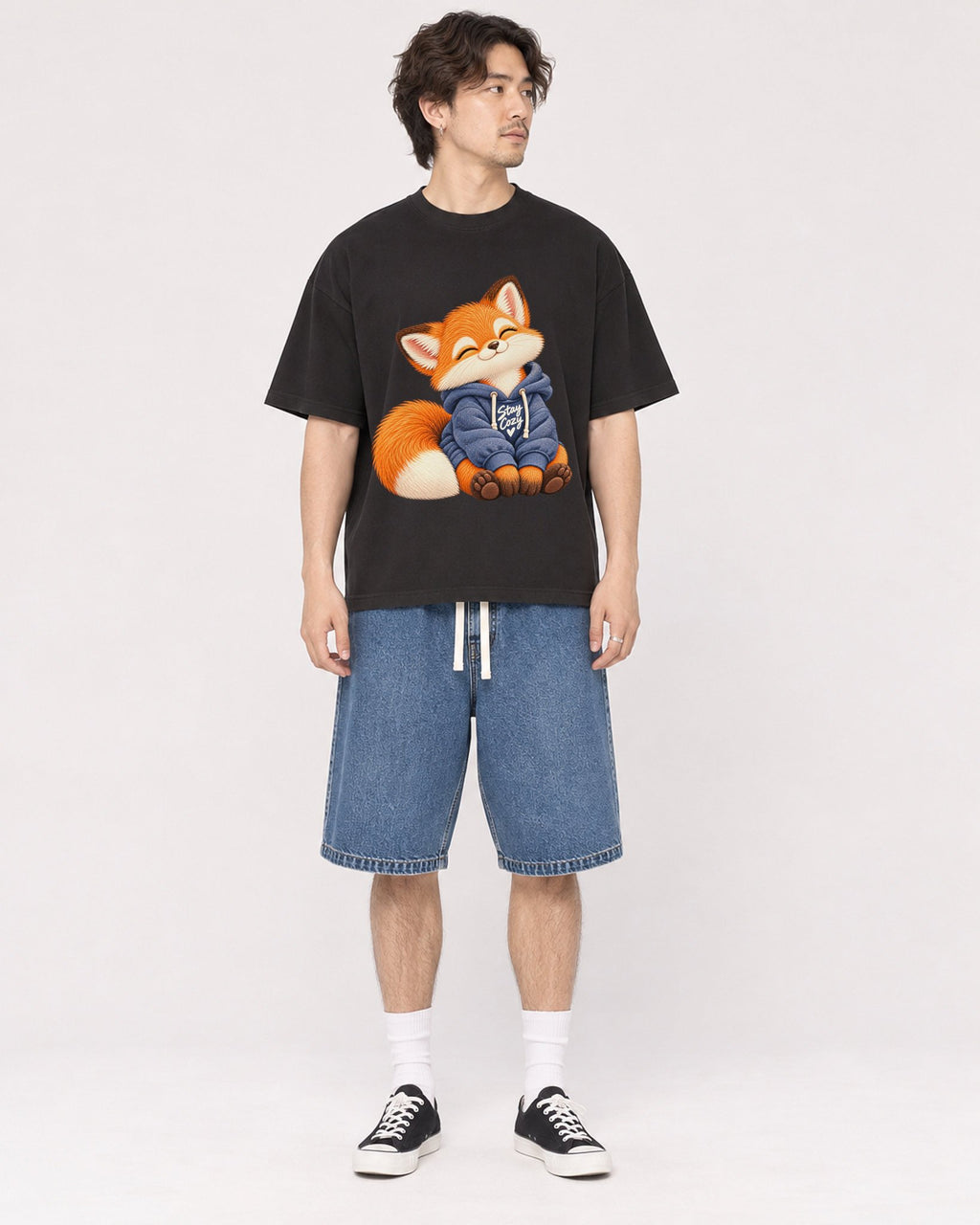 Mockup Boxy Heavyweight Tee Black male full-body 03