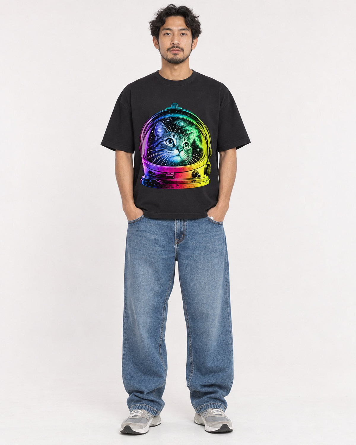 Mockup Boxy Heavyweight Tee Black male full-body 02