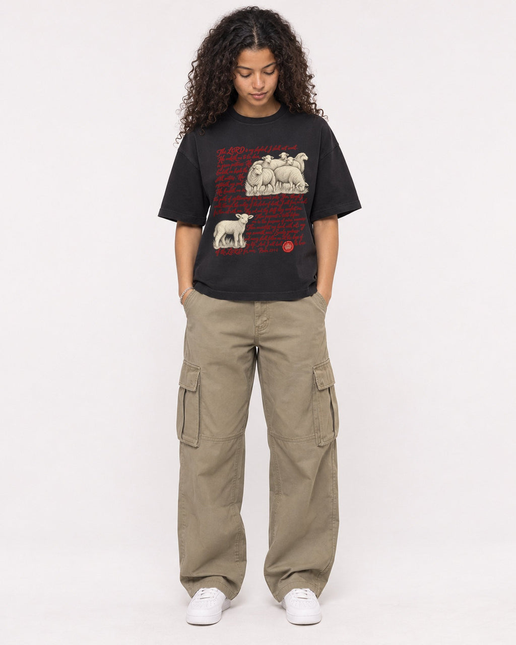 Mockup Boxy Heavyweight Tee Black female full-body 10