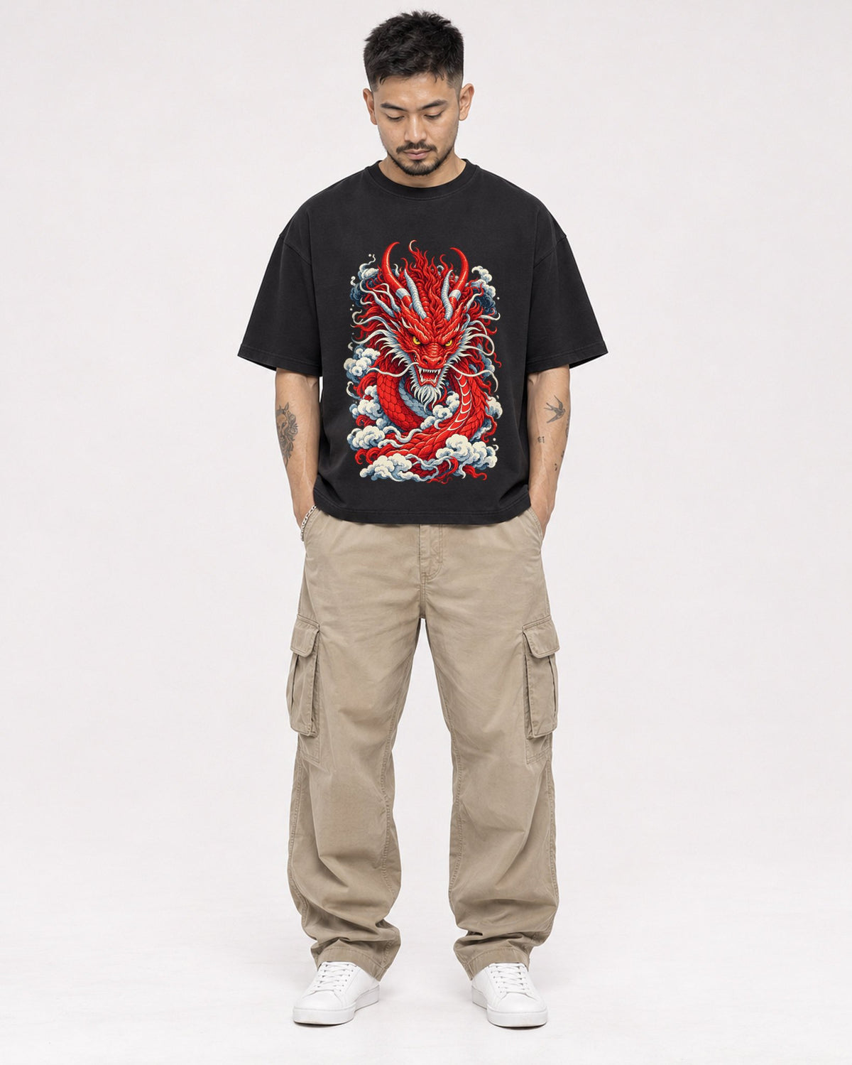 Mockup Boxy Heavyweight Tee Black male full-body 12