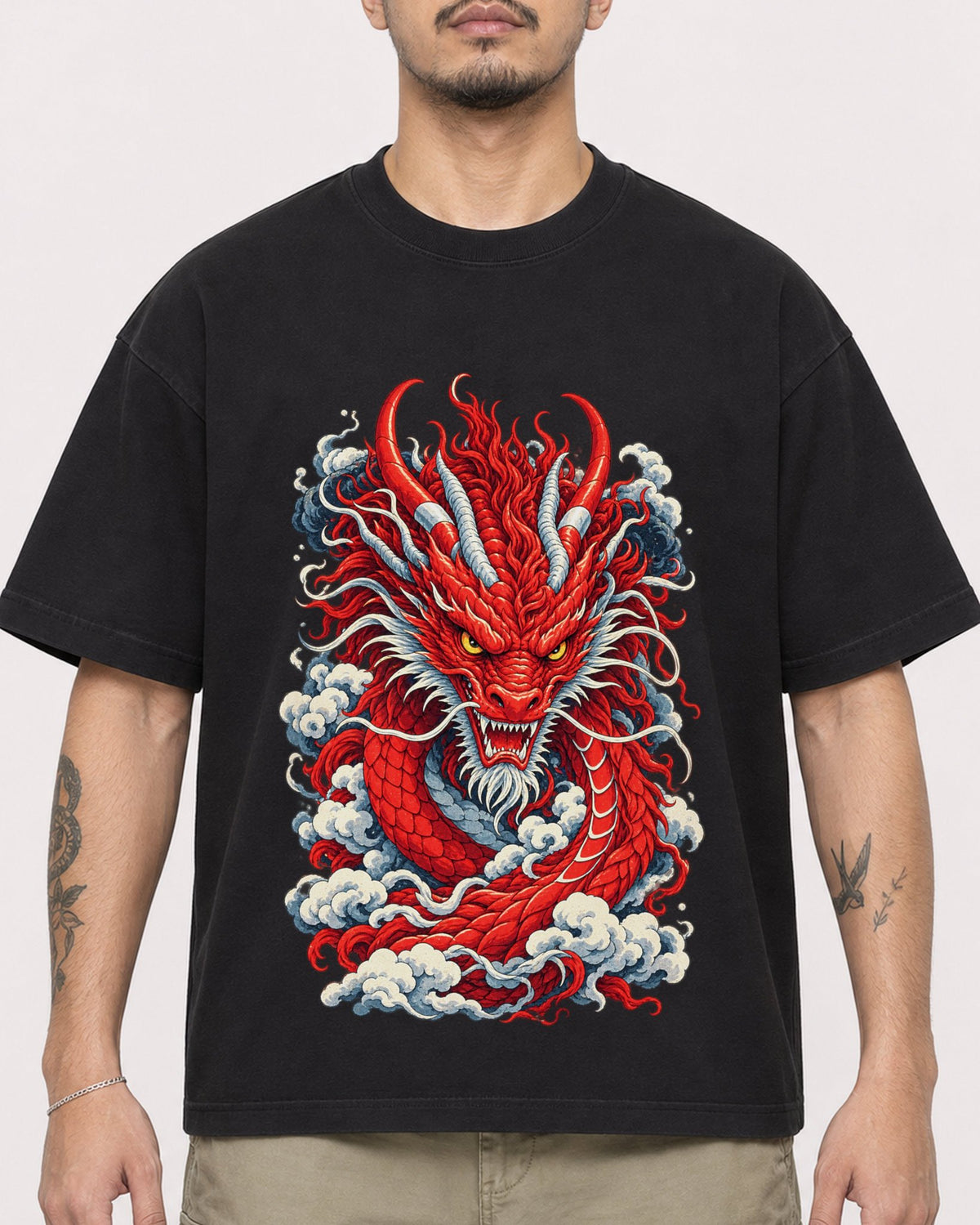 Mockup Boxy Heavyweight Tee Black male close-up 12