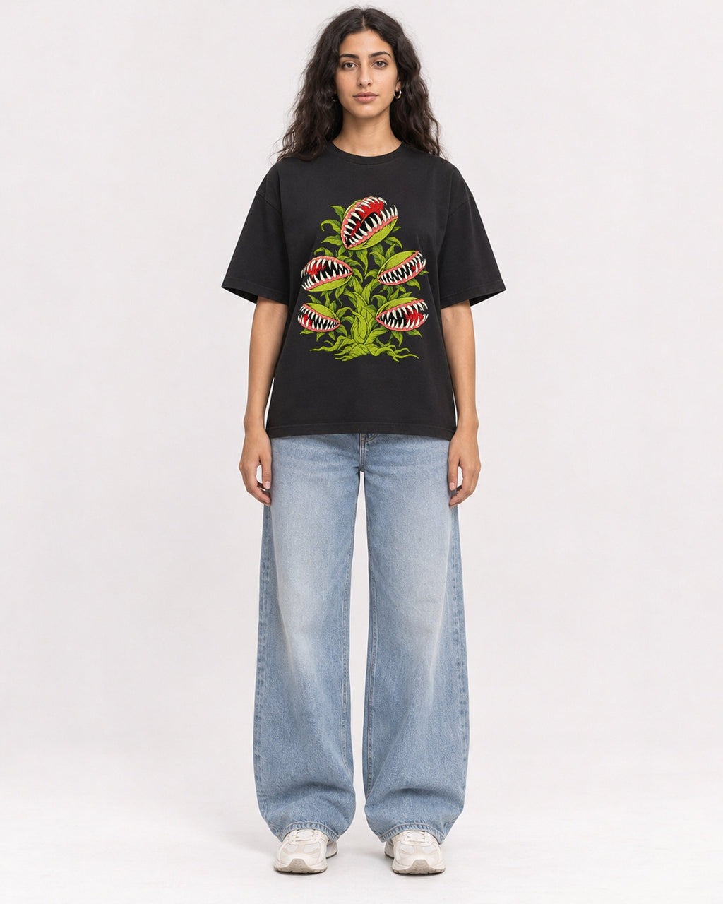 Mockup Boxy Heavyweight Tee Black female full-body 07