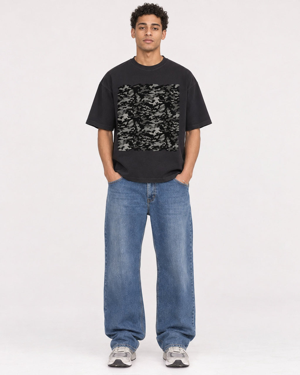 Mockup Boxy Heavyweight Tee Black male full-body 10
