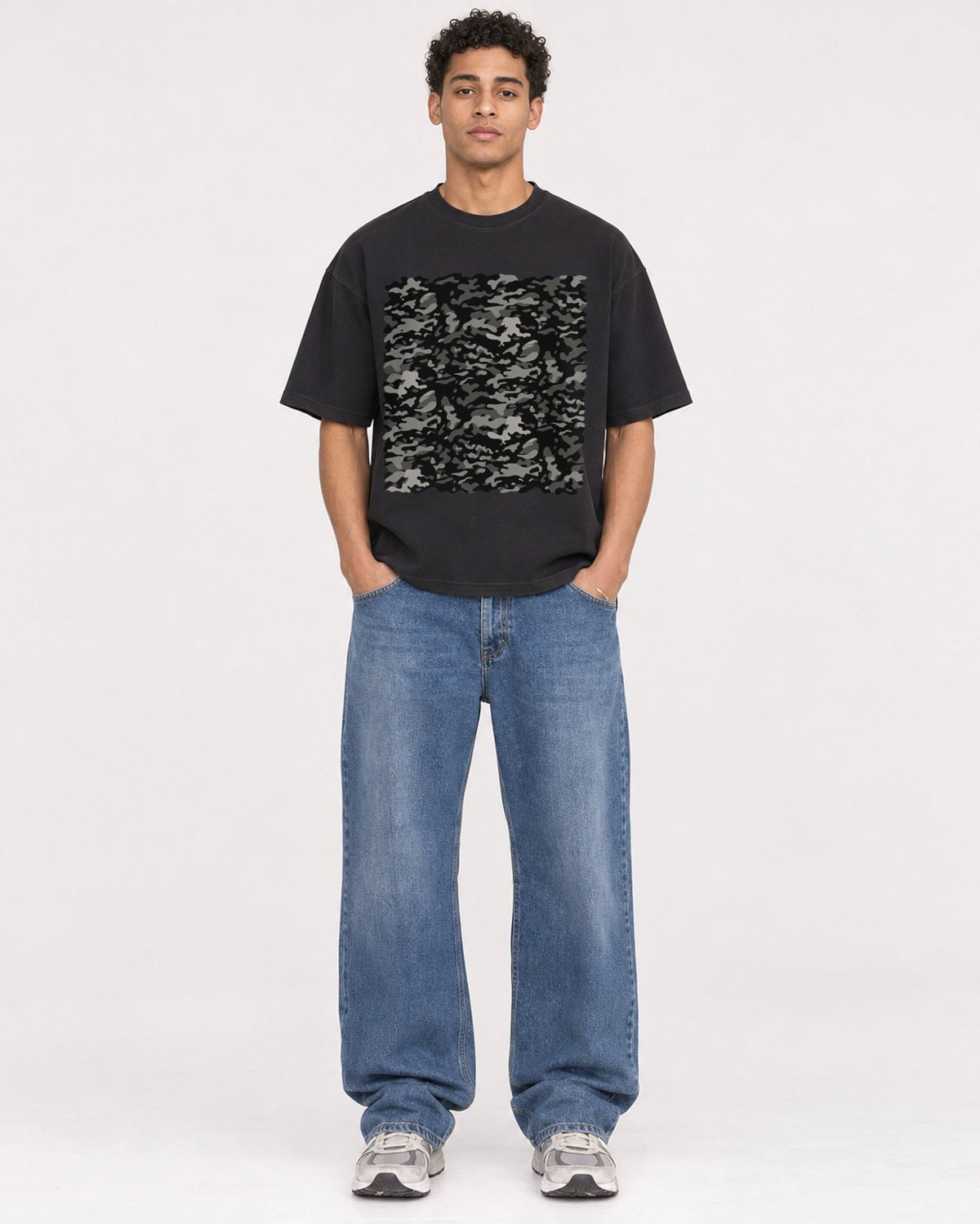 Mockup Boxy Heavyweight Tee Black male full-body 10