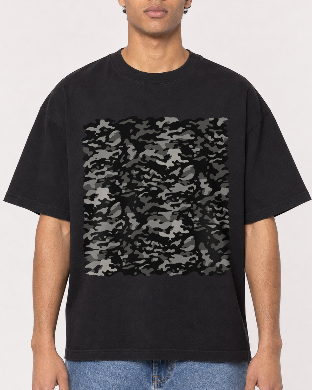 Mockup Boxy Heavyweight Tee Black male close-up 10