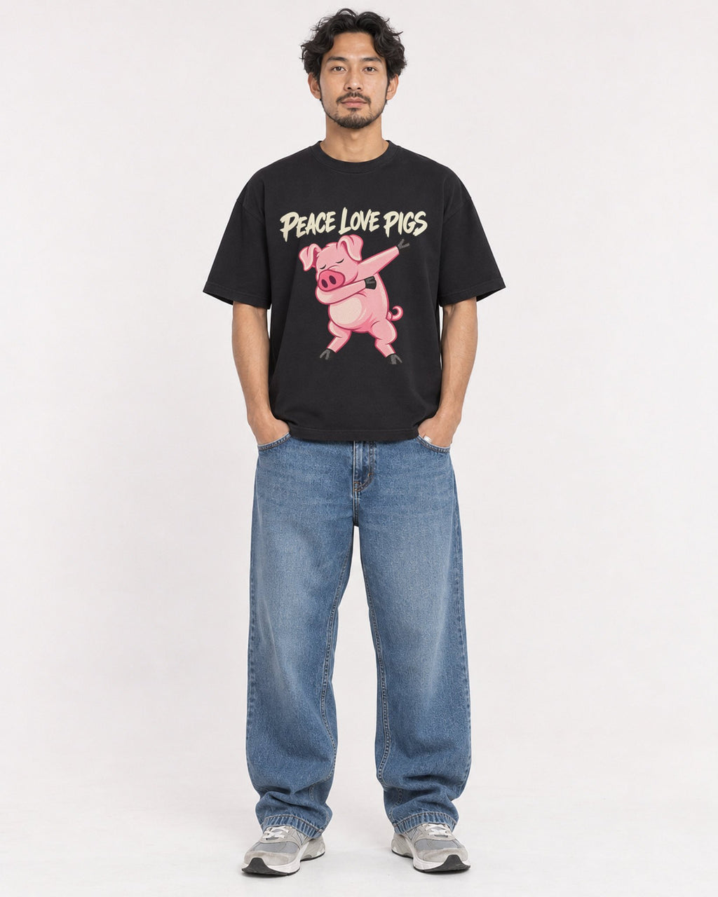 Mockup Boxy Heavyweight Tee Black male full-body 02