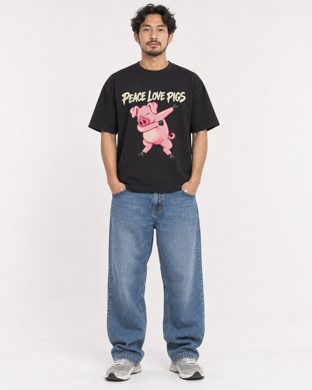 Mockup Boxy Heavyweight Tee Black male full-body 02