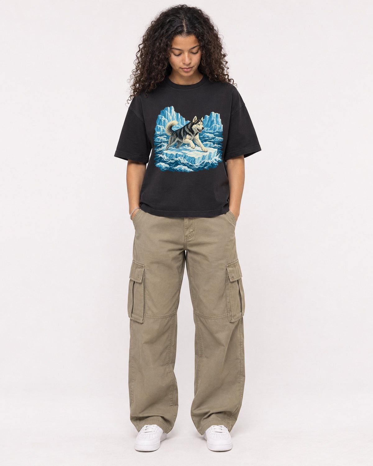 Mockup Boxy Heavyweight Tee Black female full-body 10