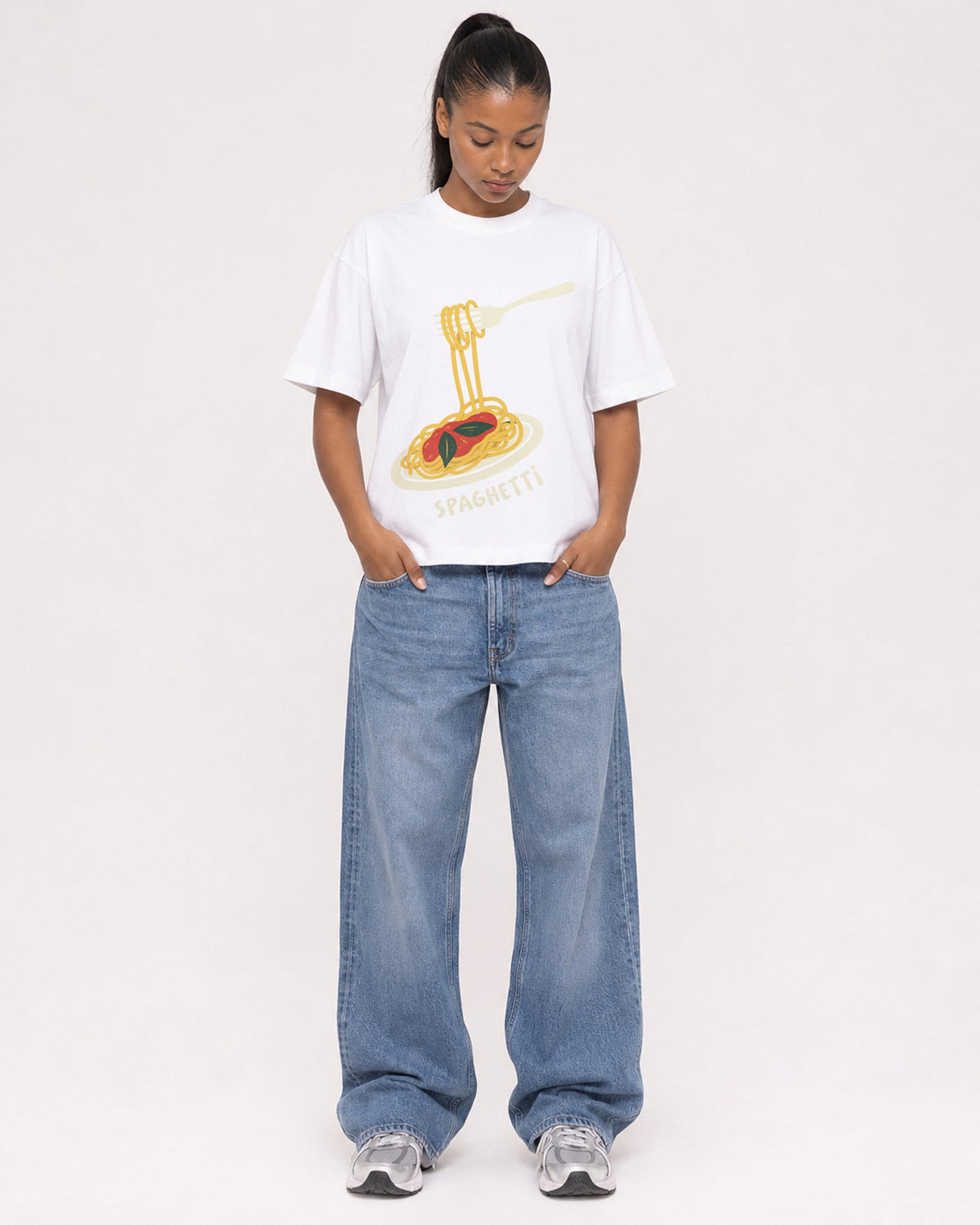 Mockup Boxy Heavyweight Tee White female full-body 25