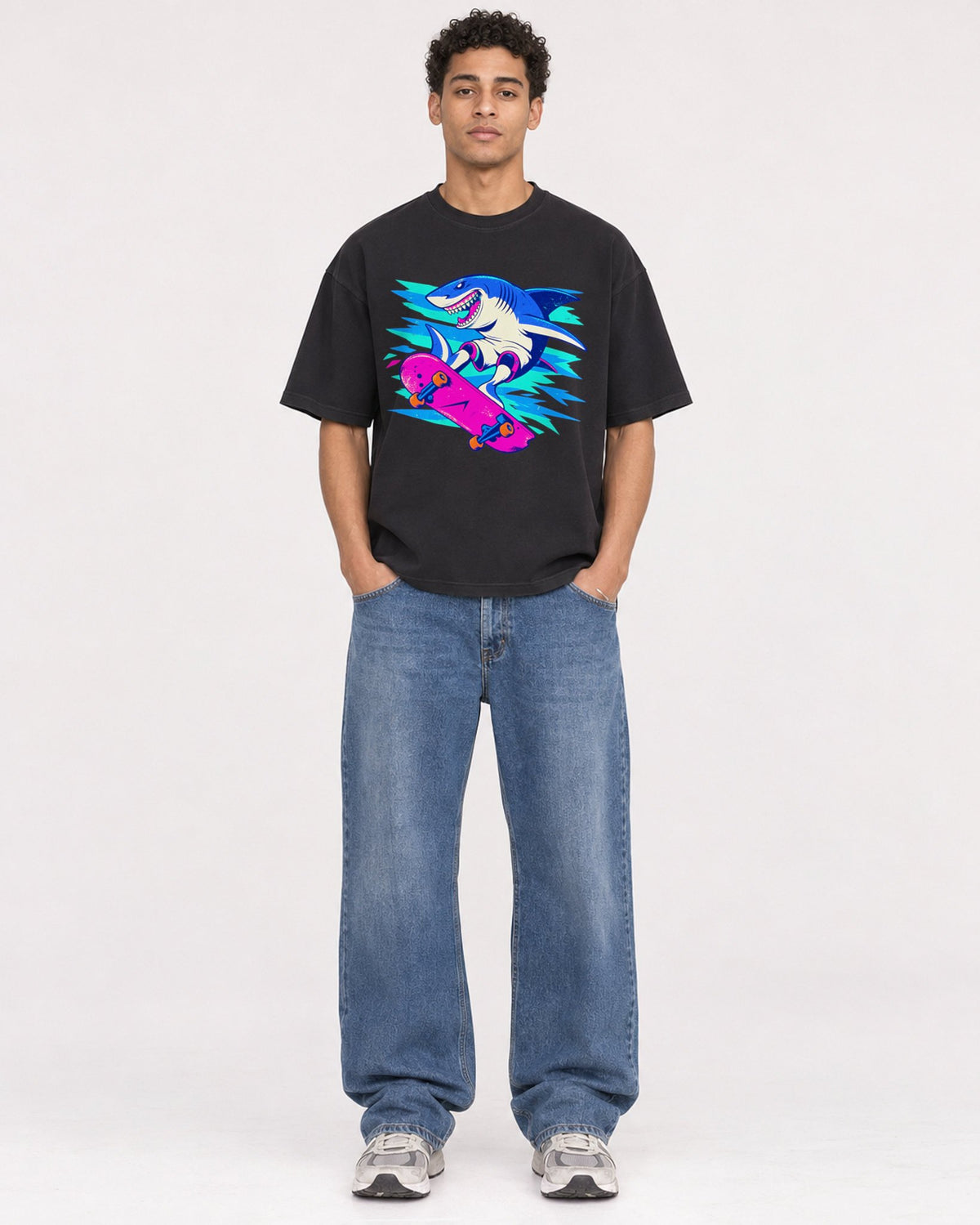 Mockup Boxy Heavyweight Tee Black male full-body 10