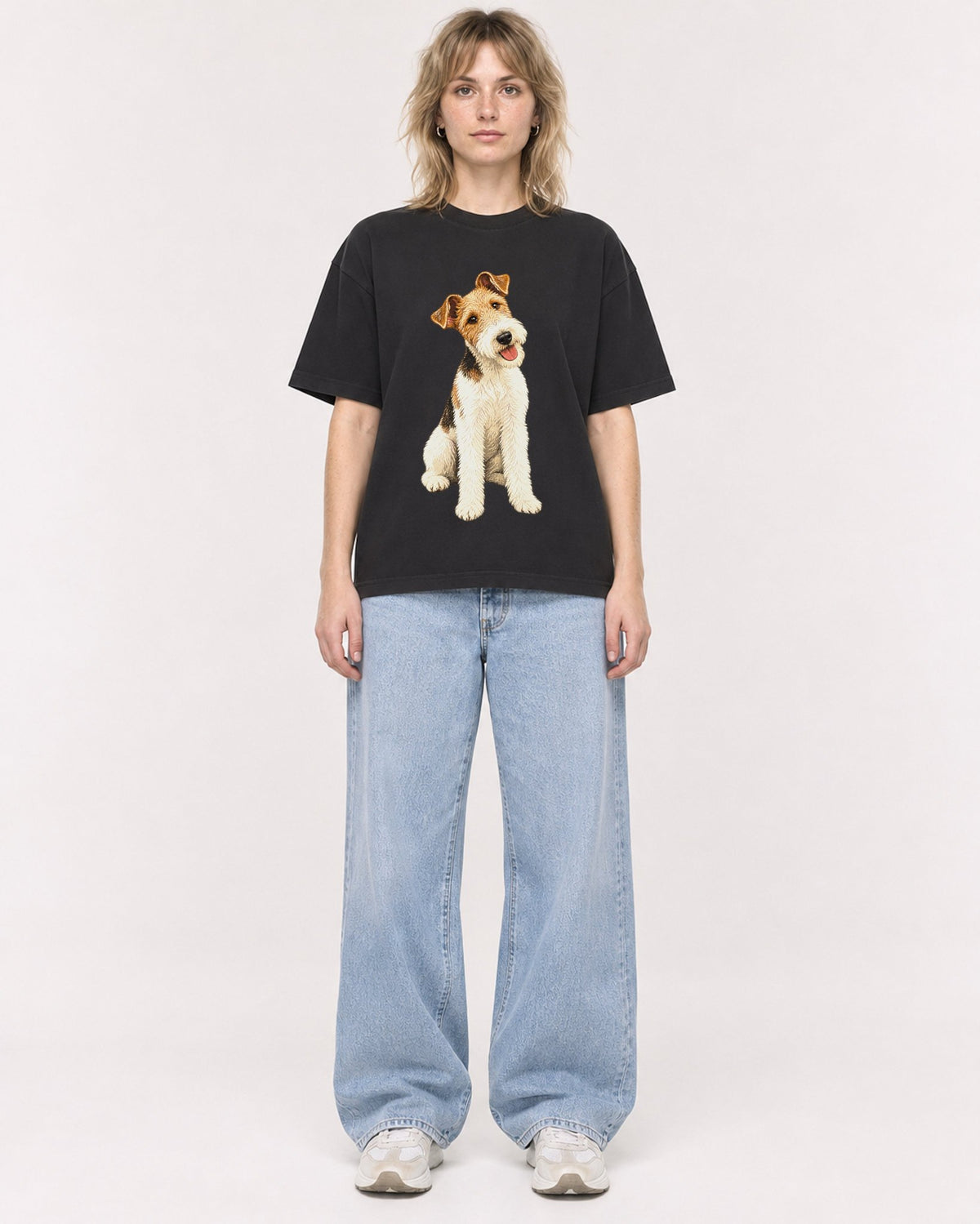 Mockup Boxy Heavyweight Tee Black female full-body 19