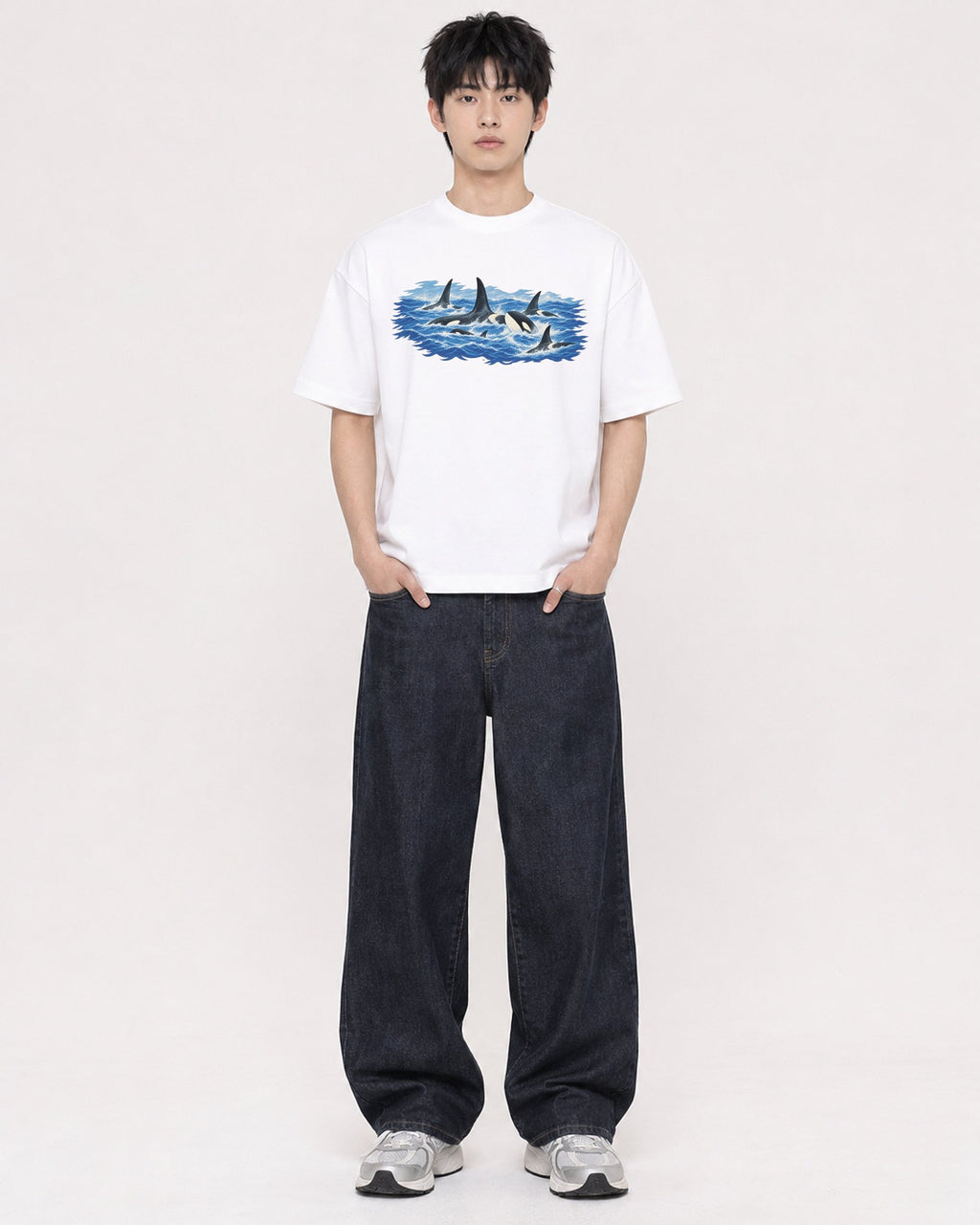 Mockup Boxy Heavyweight Tee White male full-body 01