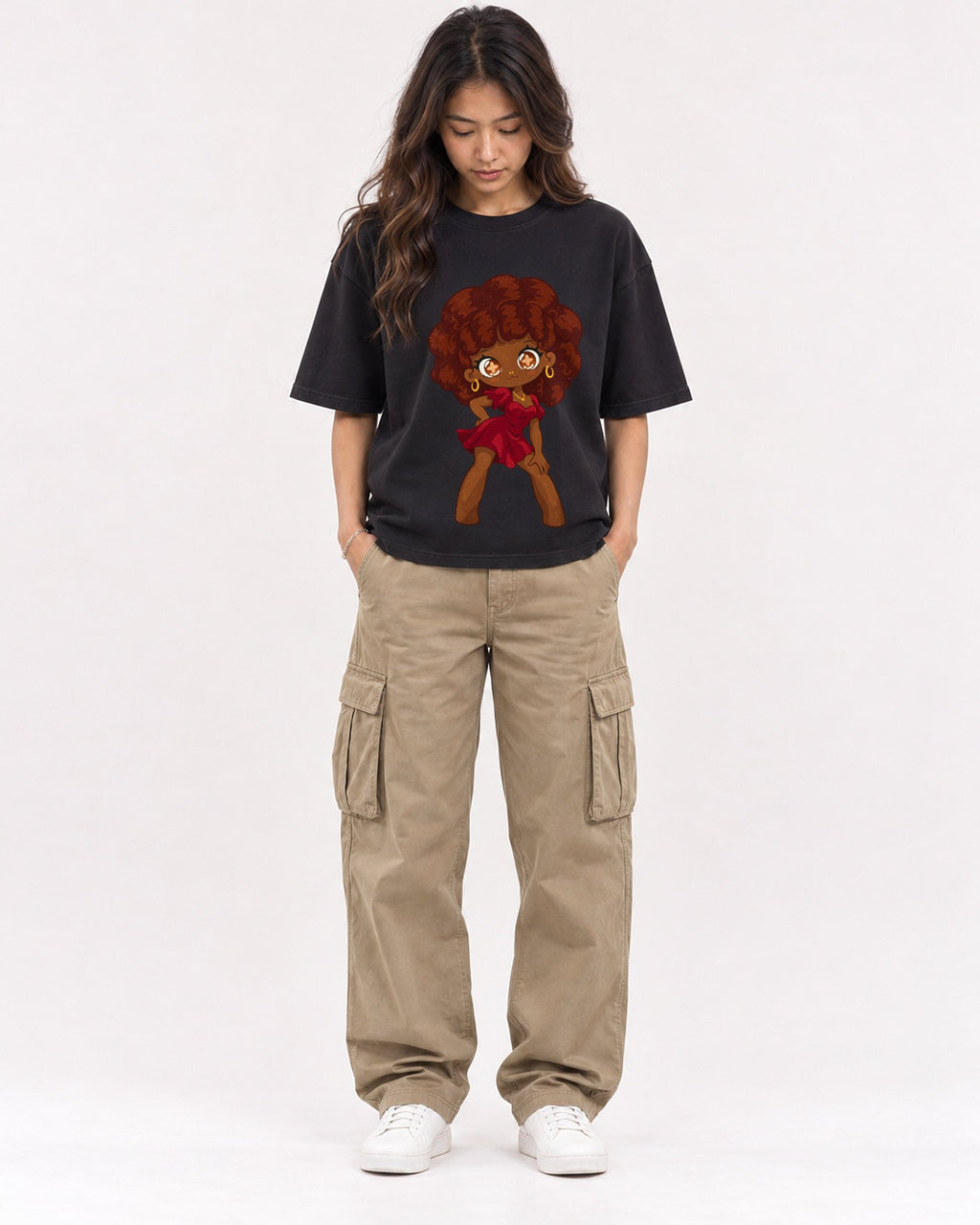 Mockup Boxy Heavyweight Tee Black female full-body 02