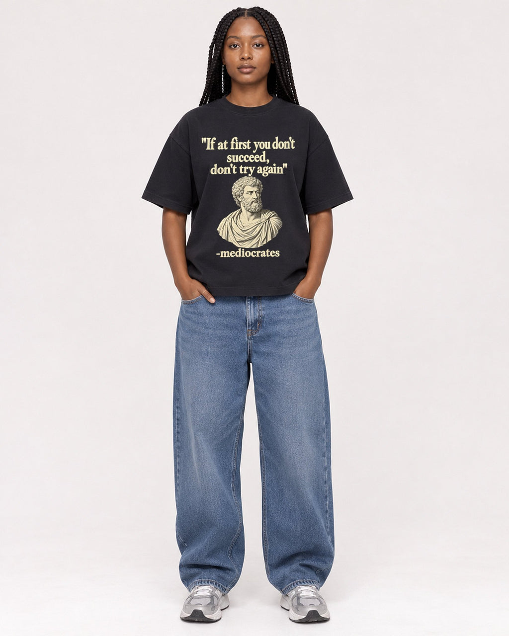 Mockup Boxy Heavyweight Tee Black female full-body 04