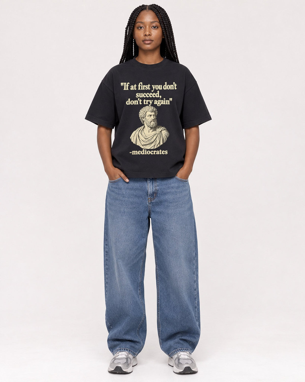 Mockup Boxy Heavyweight Tee Black female full-body 04