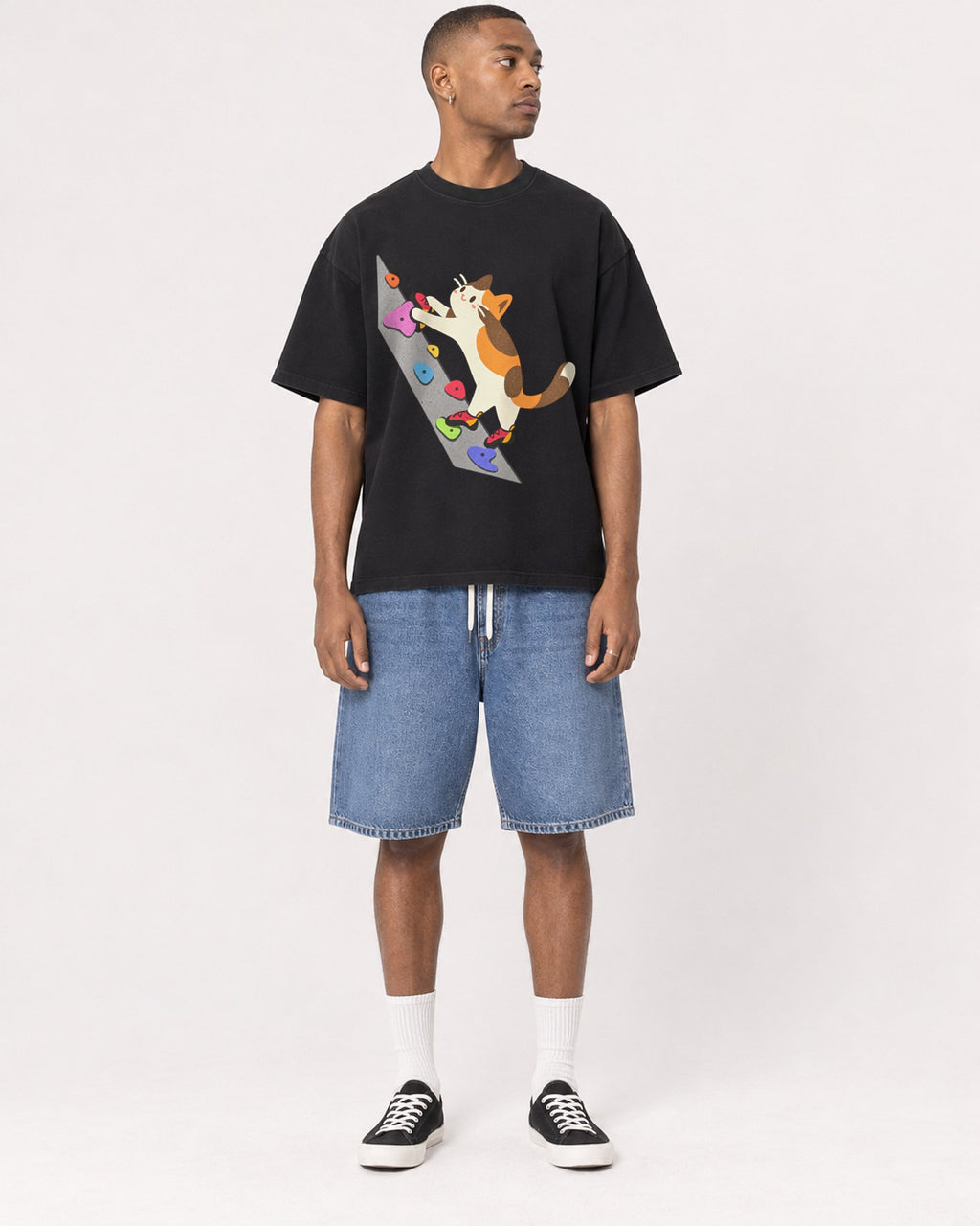 Mockup Boxy Heavyweight Tee Black male full-body 35