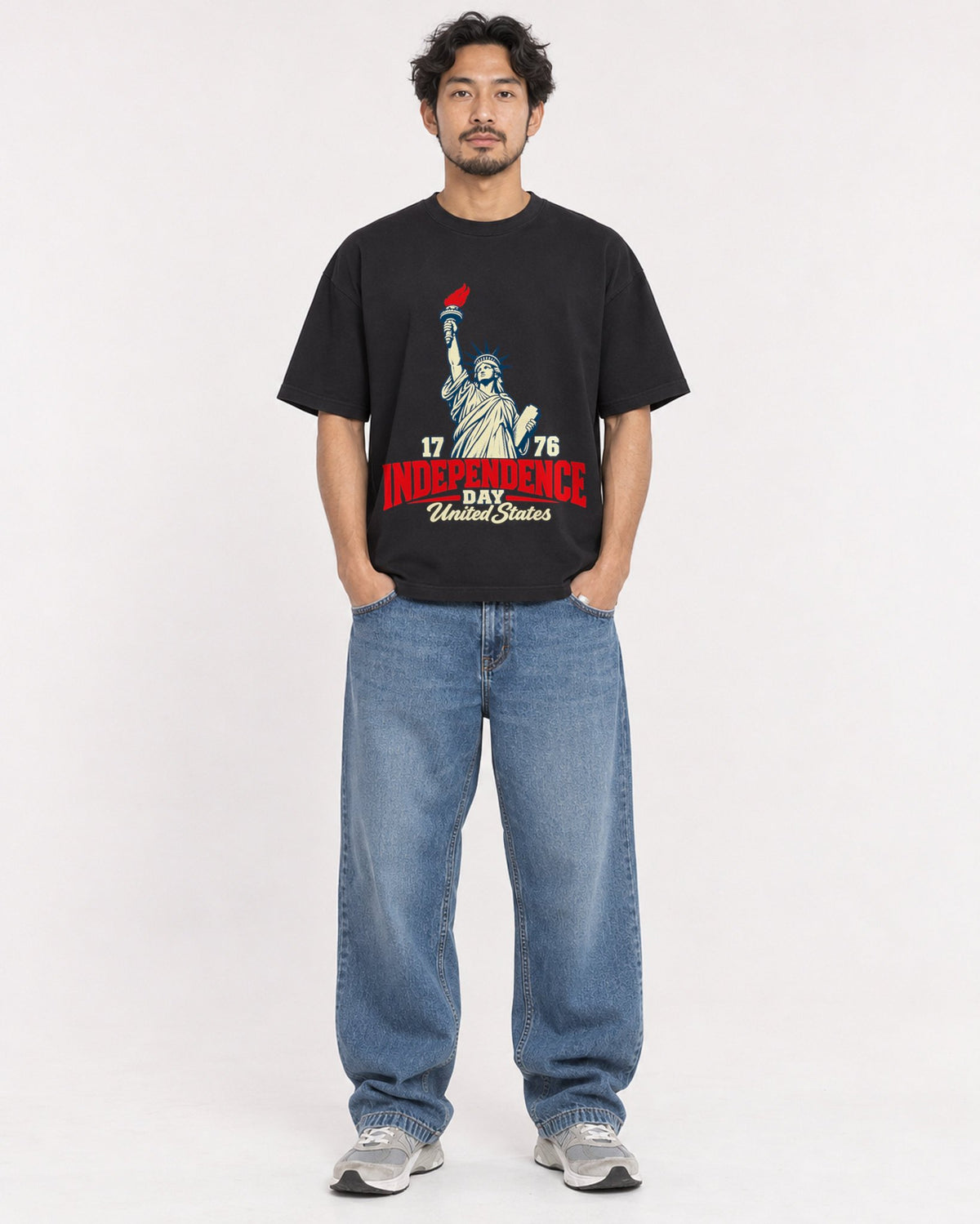 Mockup Boxy Heavyweight Tee Black male full-body 02