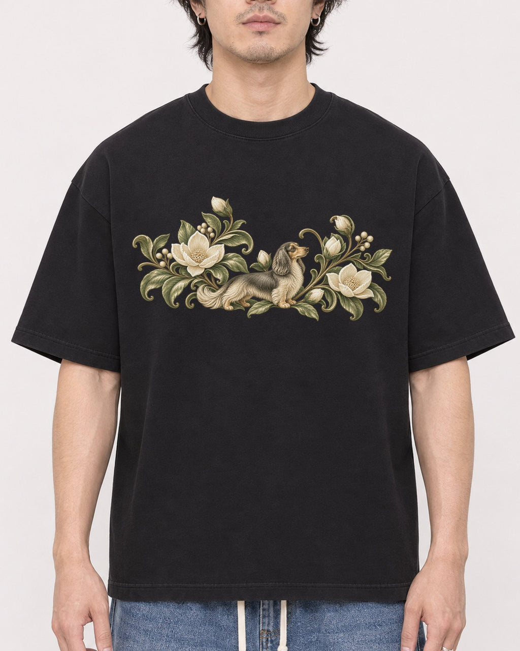 Mockup Boxy Heavyweight Tee Black male close-up 03