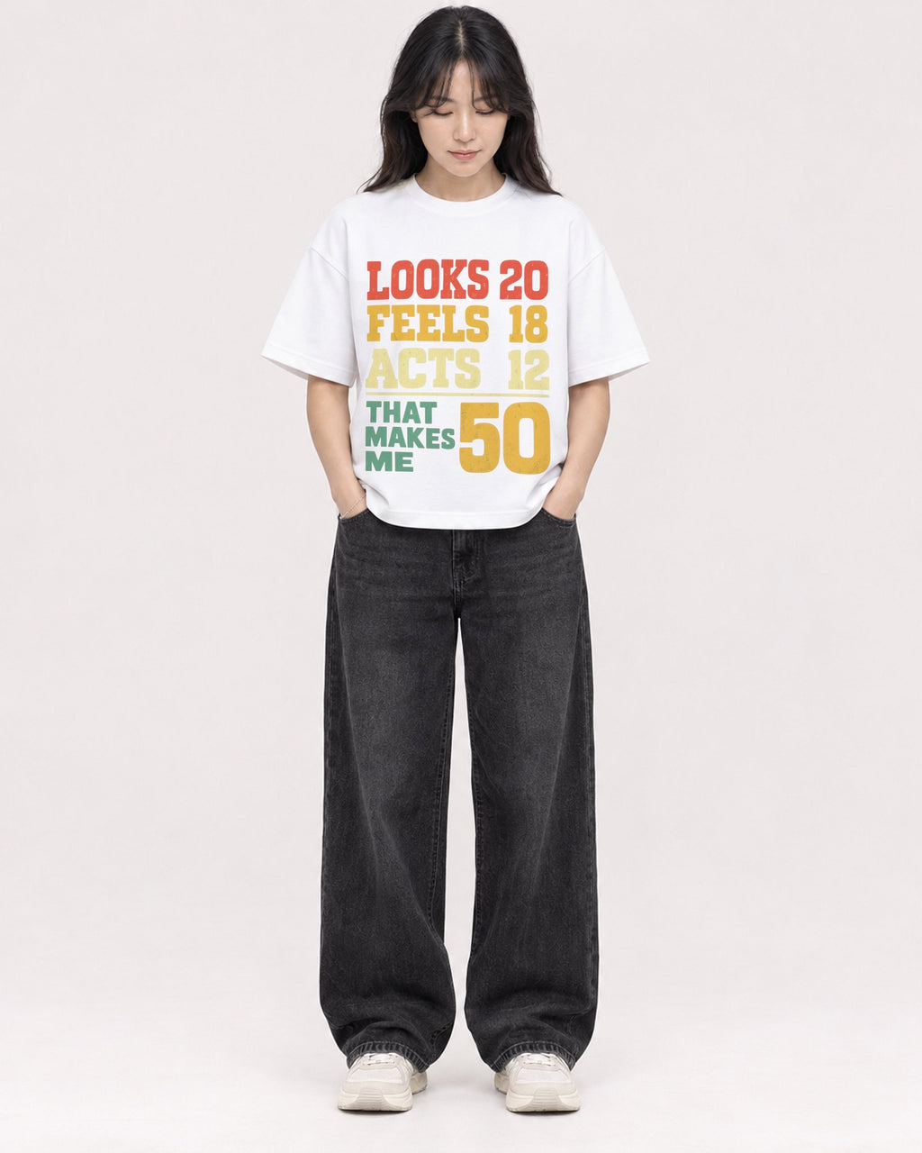 Mockup Boxy Heavyweight Tee White female full-body 13