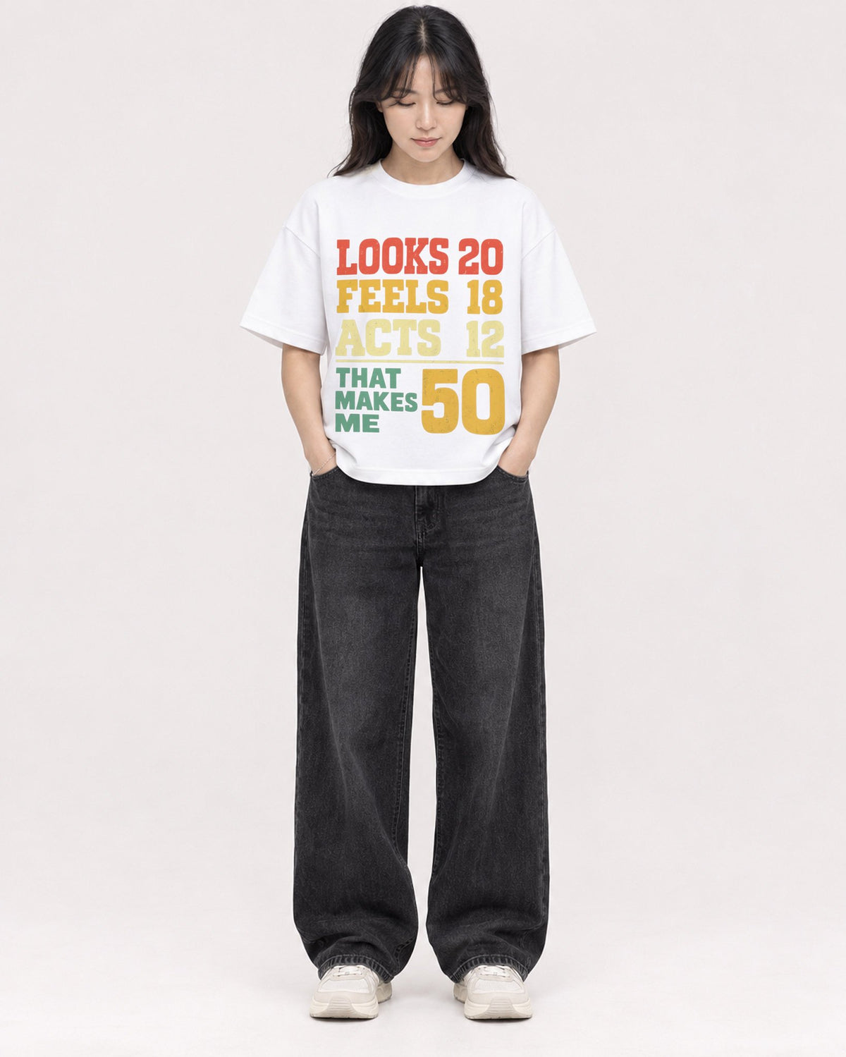 Mockup Boxy Heavyweight Tee White female full-body 13