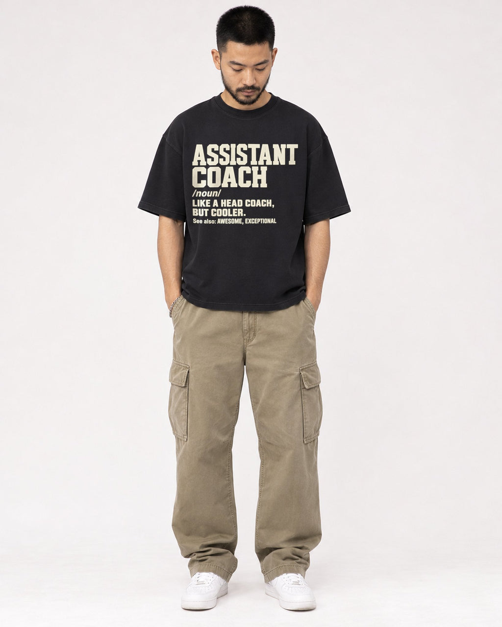 Mockup Boxy Heavyweight Tee Black male full-body 32