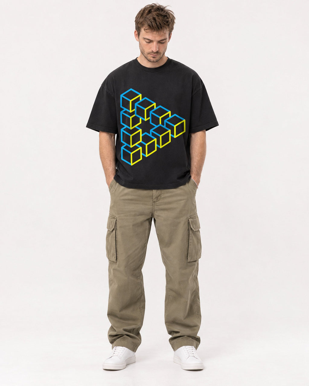 Mockup Boxy Heavyweight Tee Black male full-body 08