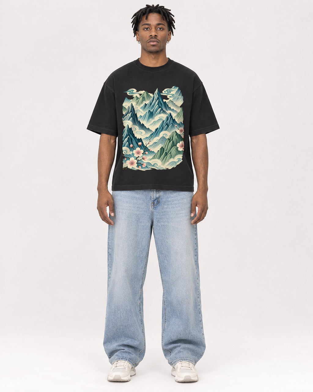 Mockup Boxy Heavyweight Tee Black male full-body 05
