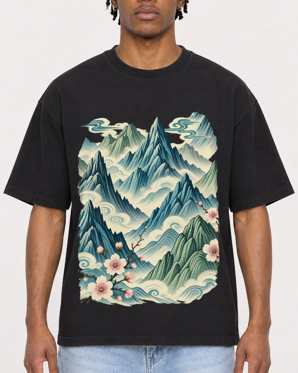 Mockup Boxy Heavyweight Tee Black male close-up 05