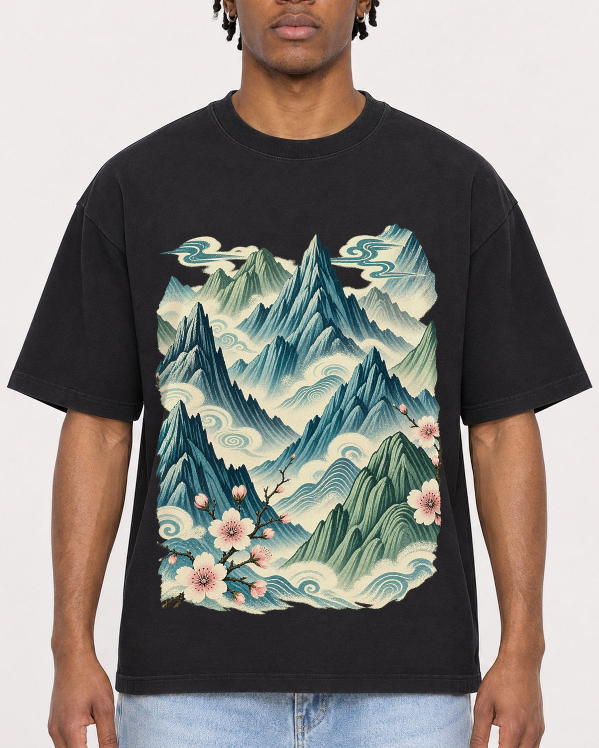 Mockup Boxy Heavyweight Tee Black male close-up 05