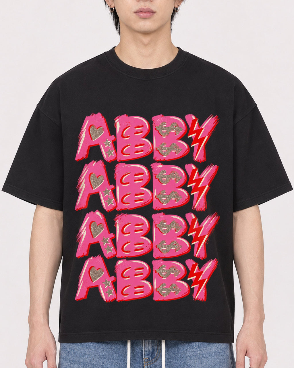 Mockup Boxy Heavyweight Tee Black male close-up 11