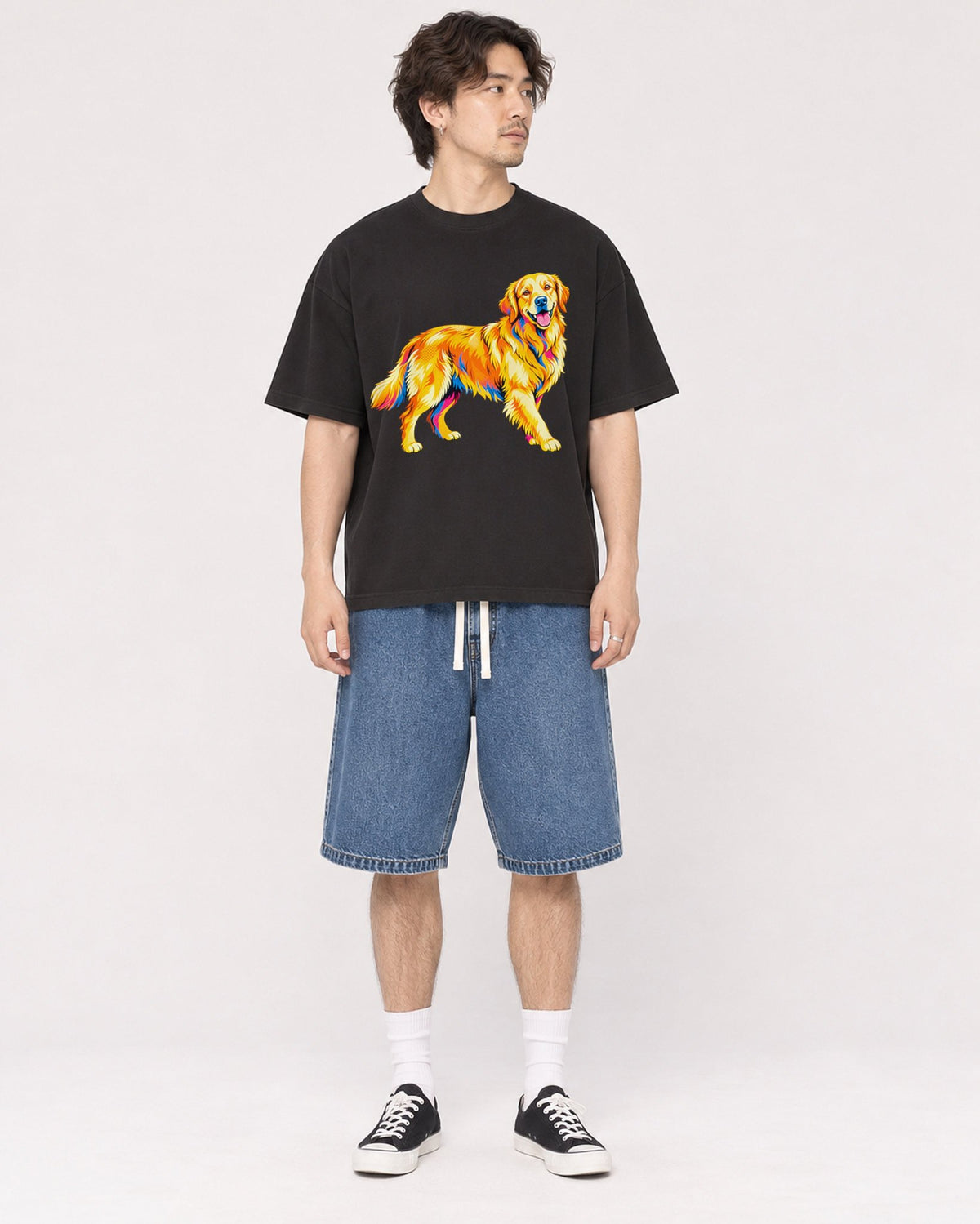 Mockup Boxy Heavyweight Tee Black male full-body 03