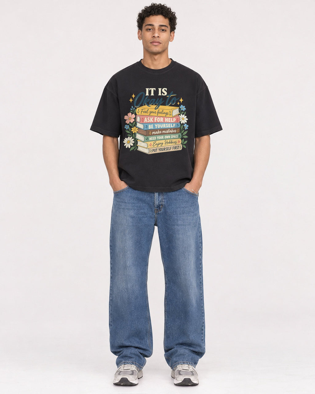 Mockup Boxy Heavyweight Tee Black male full-body 10