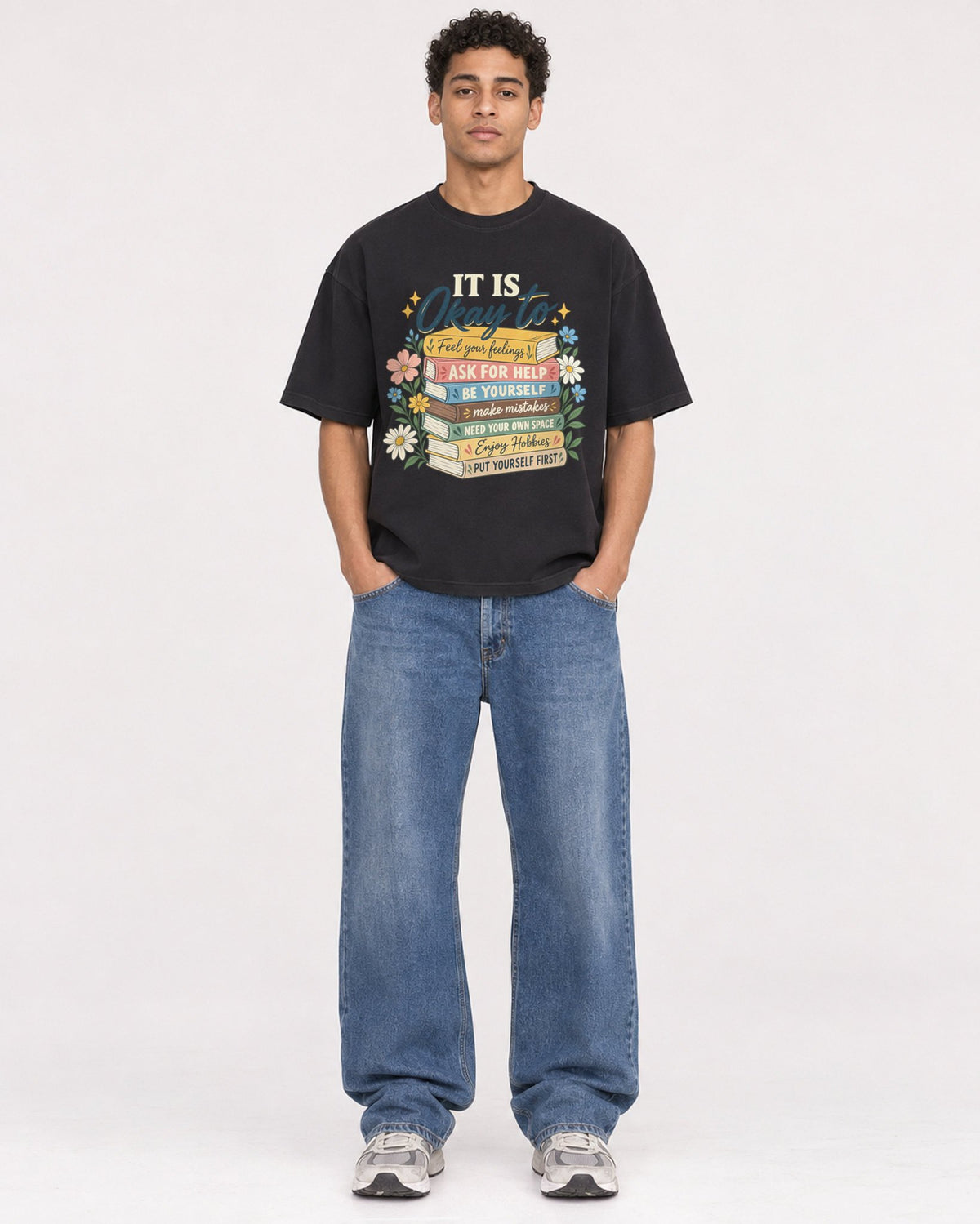Mockup Boxy Heavyweight Tee Black male full-body 10
