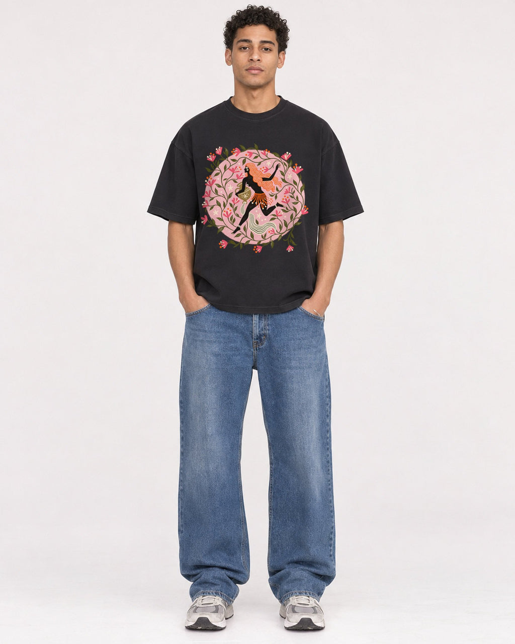Mockup Boxy Heavyweight Tee Black male full-body 10