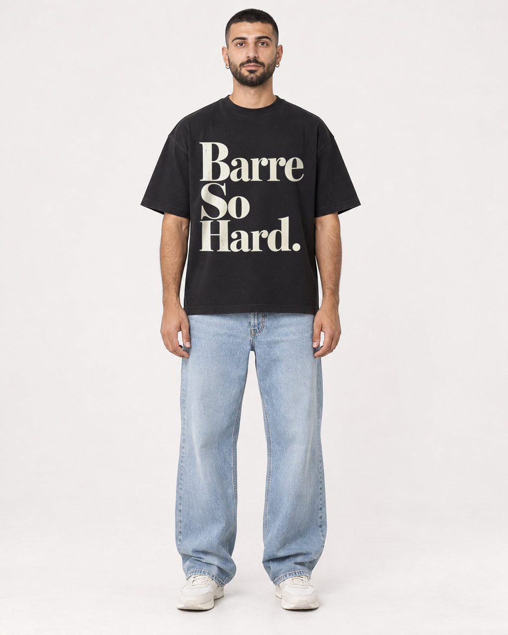 Mockup Boxy Heavyweight Tee Black male full-body 37