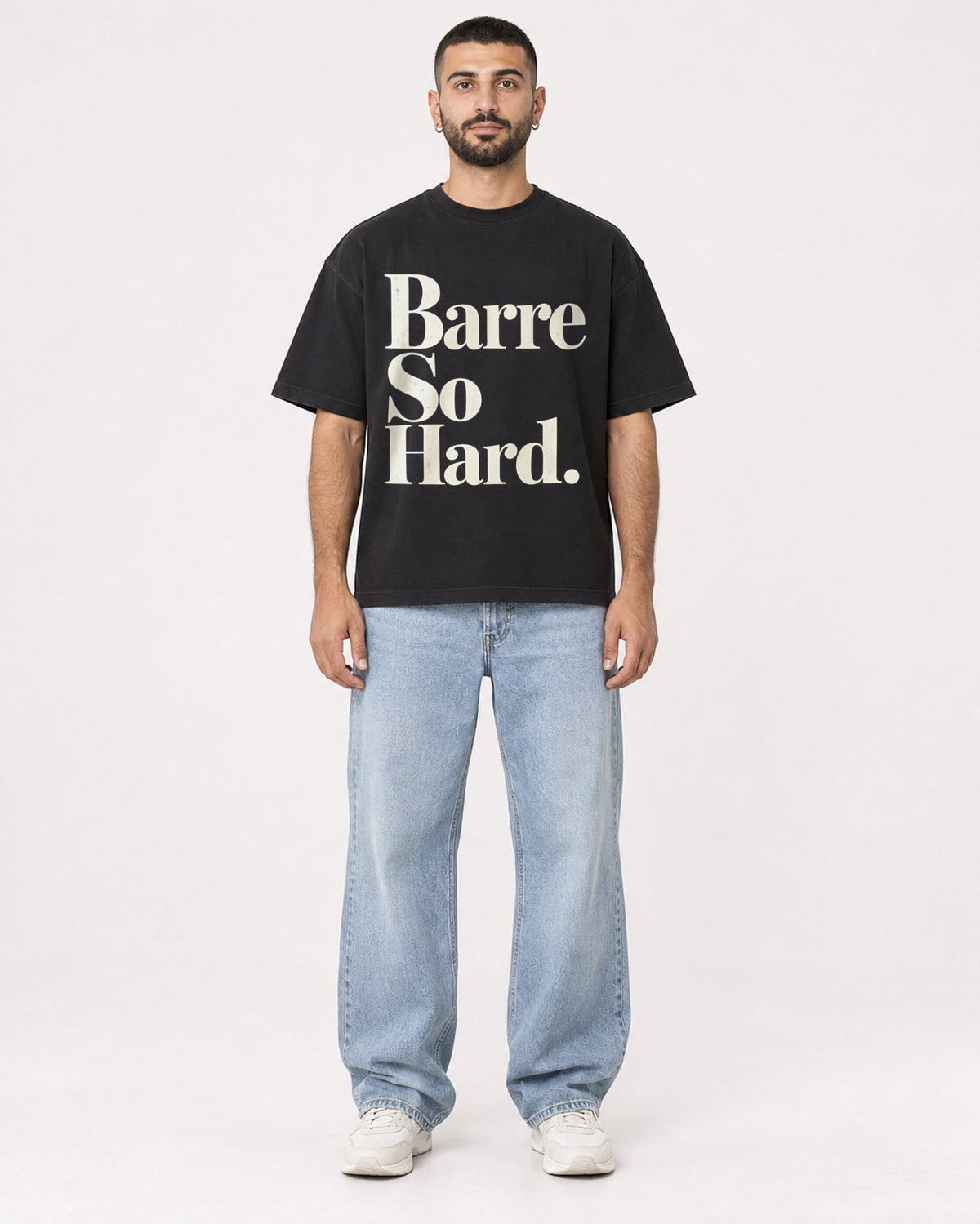 Mockup Boxy Heavyweight Tee Black male full-body 37