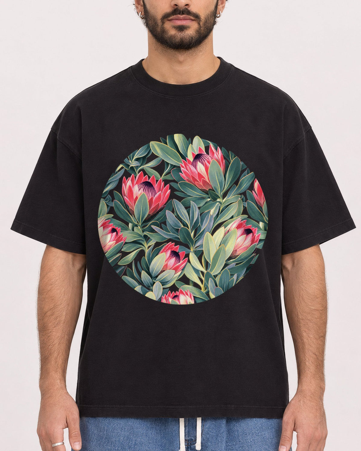 Mockup Boxy Heavyweight Tee Black male close-up 27