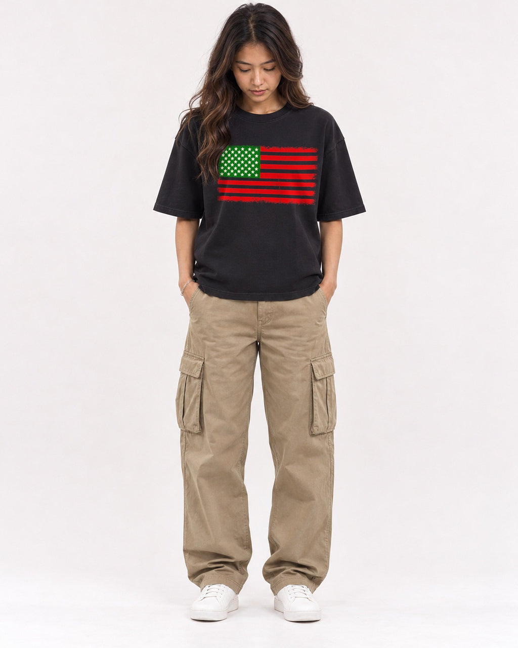 Mockup Boxy Heavyweight Tee Black female full-body 02