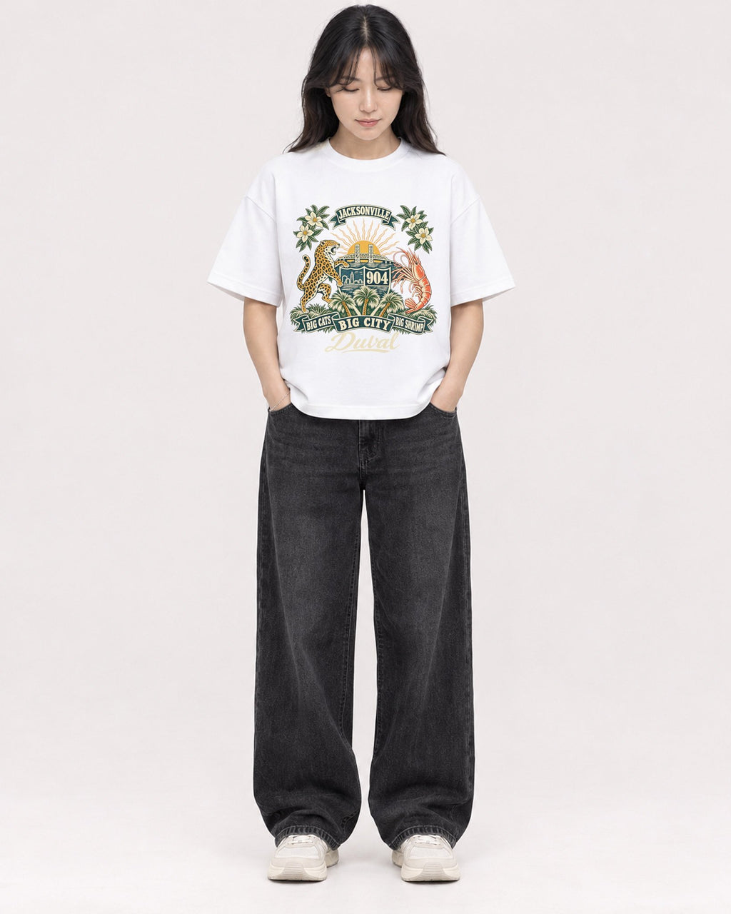 Mockup Boxy Heavyweight Tee White female full-body 13